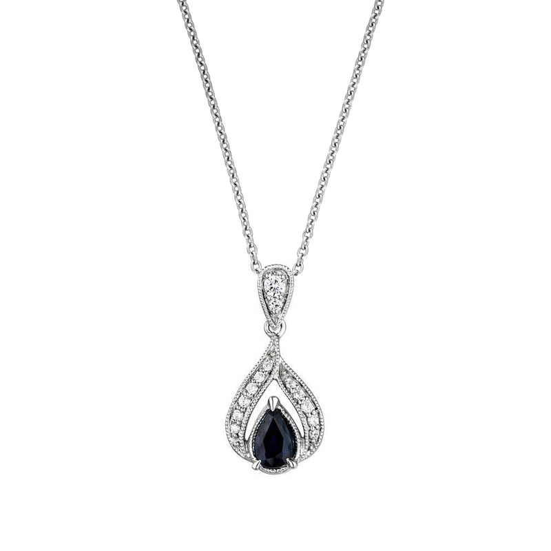 Pear-Shaped Blue Sapphire and Diamond Drop Pendant, 14K White Gold