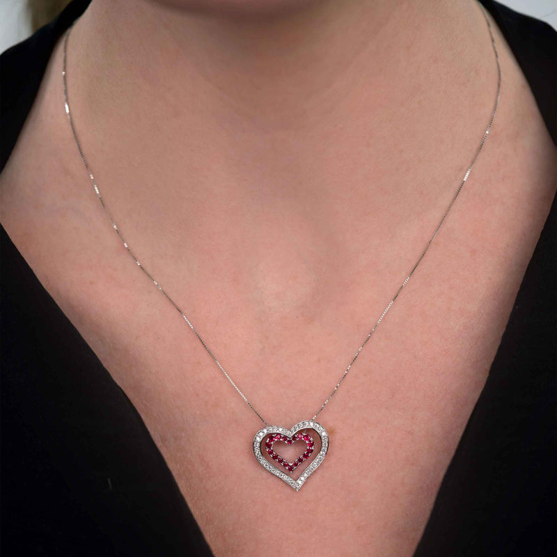 Diamond and Ruby Nested Heart Pendant, 14K White Gold