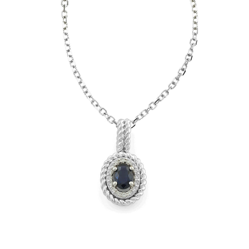 Oval Blue Sapphire and Diamond Halo Pendant, 14K White Gold