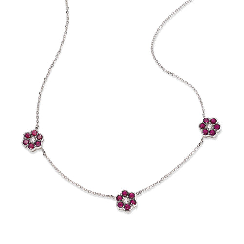 Ruby and Diamond Flower Necklace, 14K White Gold