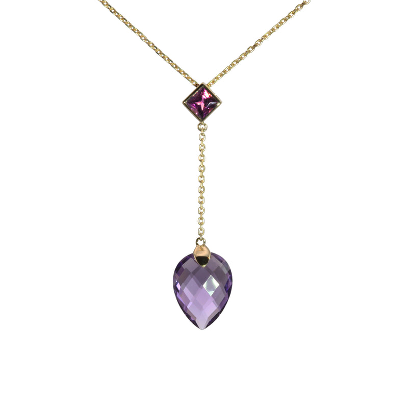 Pear Shape Amethyst Drop Pendant with Rhodolite Accent, 14K Yellow Gold
