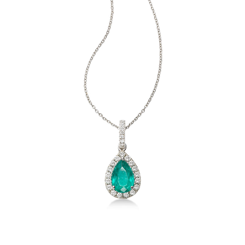 Pear Shape Emerald and Diamond Halo Pendant, 14K White Gold