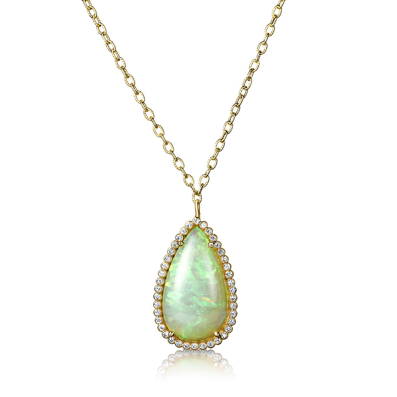 Pear Shape Opal and Diamond Halo Pendant, 14K Yellow Gold