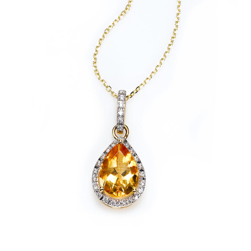 Pear Shape Citrine and Diamond Halo Pendant, 14K Yellow Gold