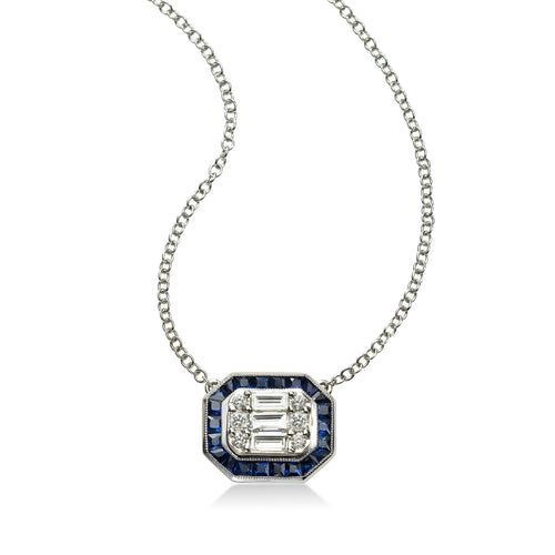 Deco Style Blue Sapphire and Diamond Pendant, 18K White Gold