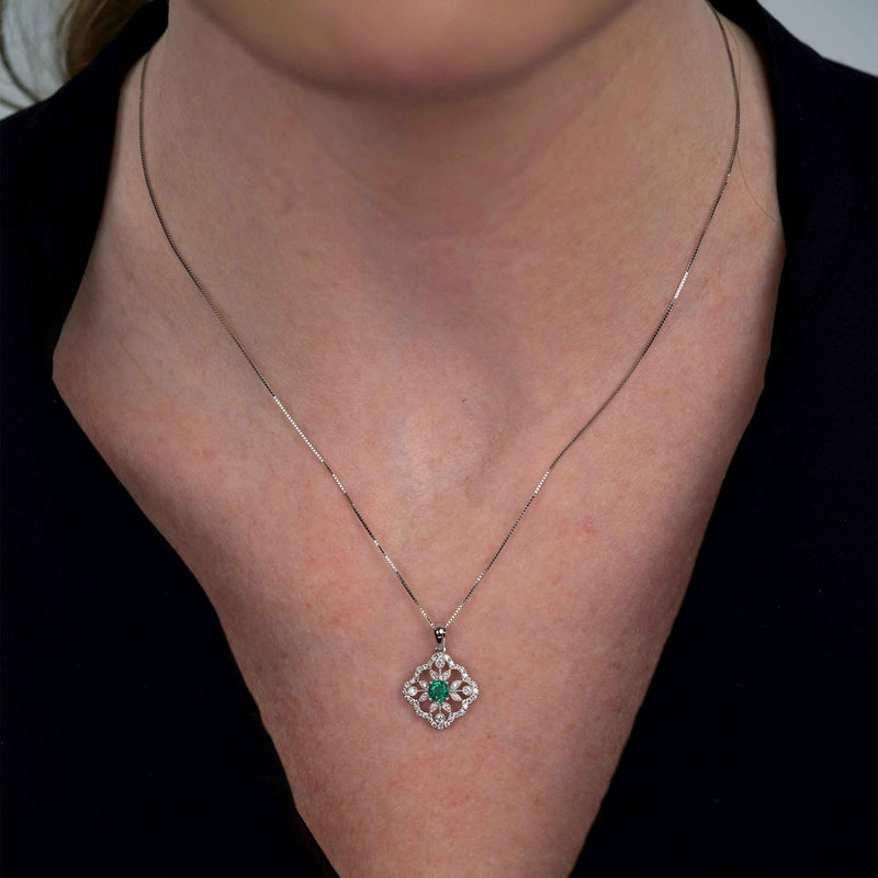 Vintage Style Emerald and Diamond Pendant, 14K White Gold