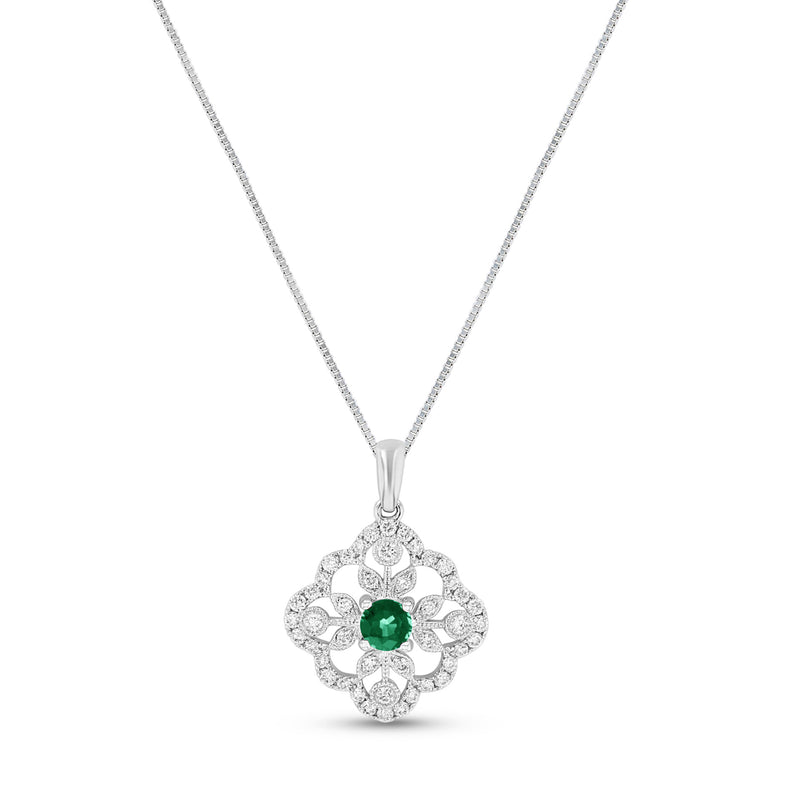 Vintage Style Emerald and Diamond Pendant, 14K White Gold