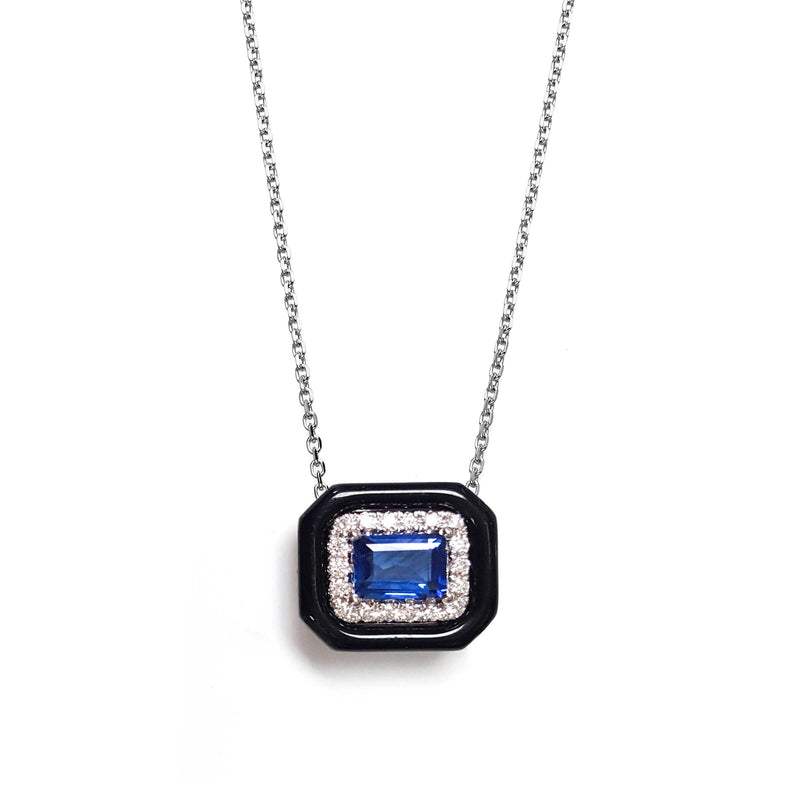 Sapphire, Diamond and Black Onyx Necklace, 14K White Gold