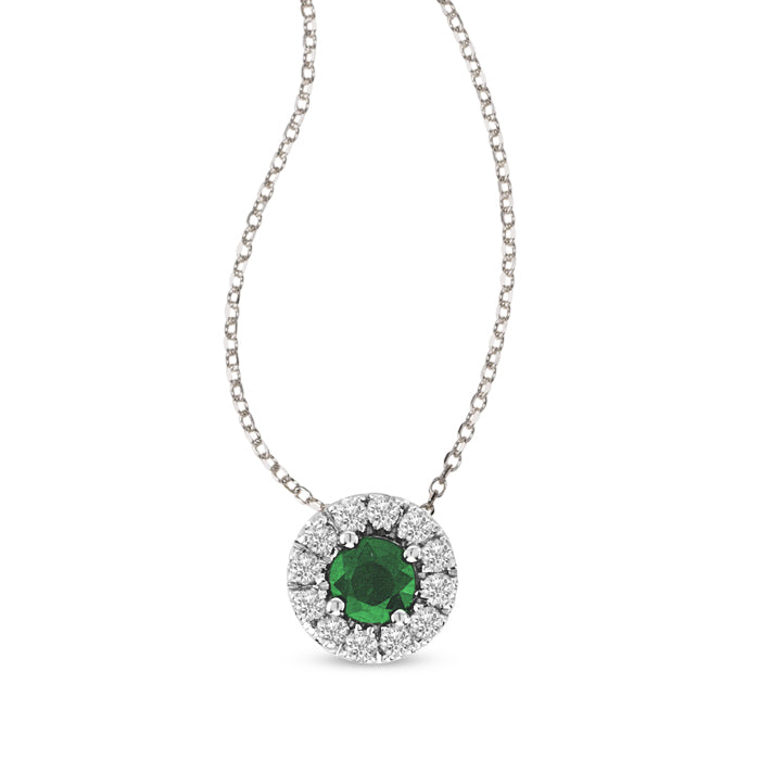 Round Emerald and Diamond Halo Pendant, 14K White Gold
