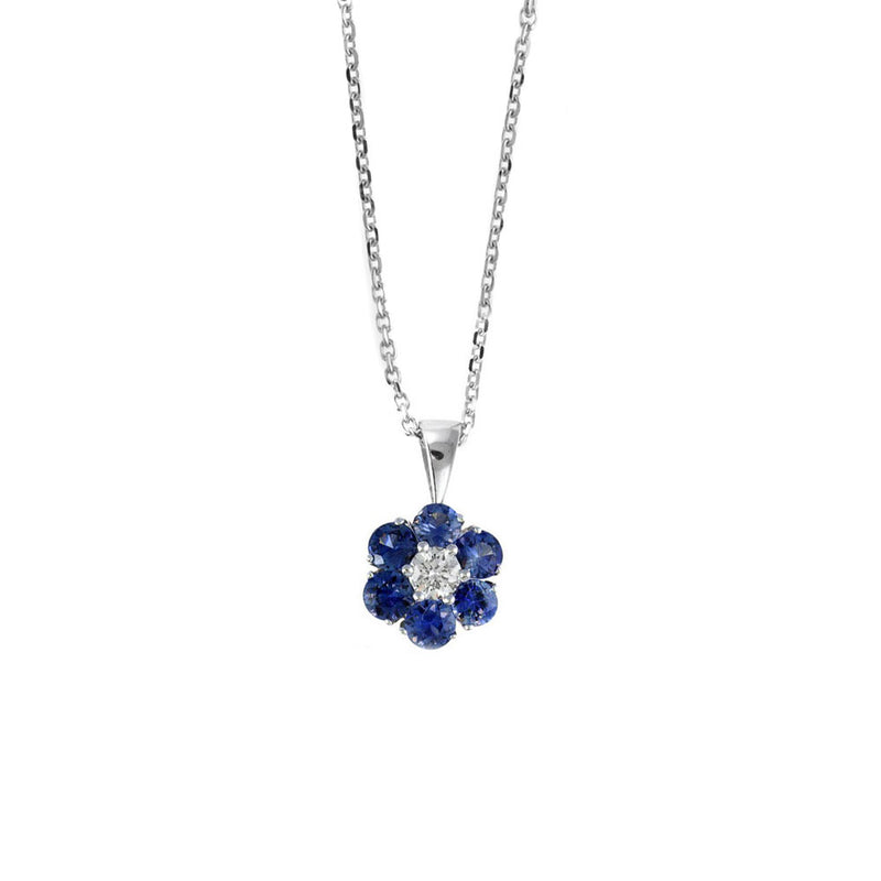Blue Sapphire and Diamond Flower Design Pendant, 14K White Gold
