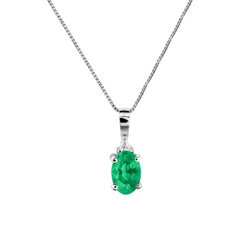 Oval Emerald Pendant with Diamond Accent, 14K White Gold