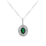 Oval Emerald and Double Diamond Halo Pendant, 14K White Gold