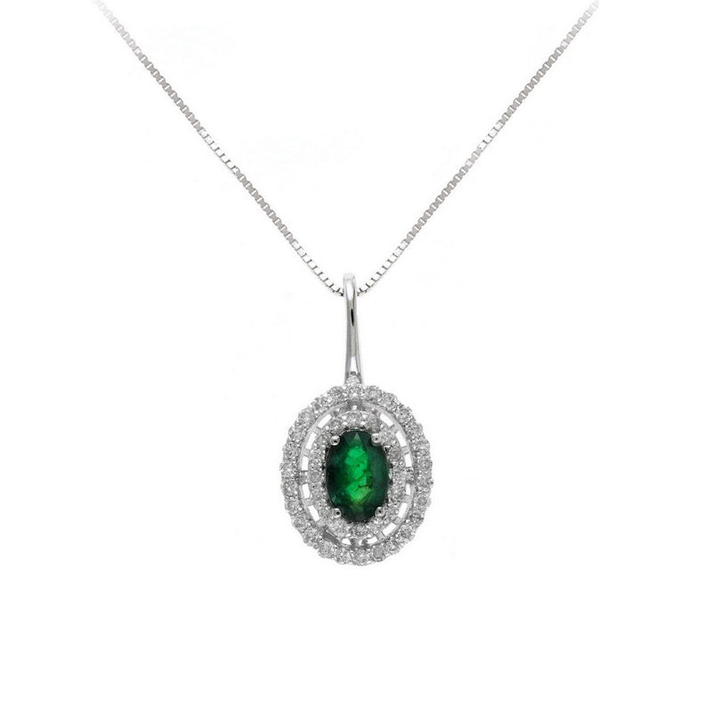 Oval Emerald and Double Diamond Halo Pendant, 14K White Gold