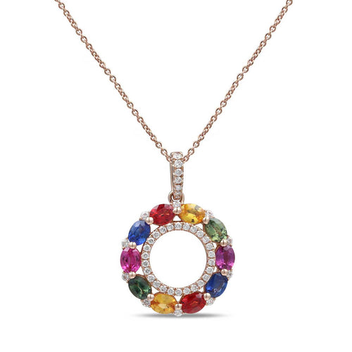 Multi Color Sapphire and Diamond Pendant, 18K Rose Gold