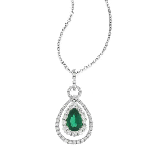 Pear Shape Emerald and Diamond Pendant, 18K White Gold