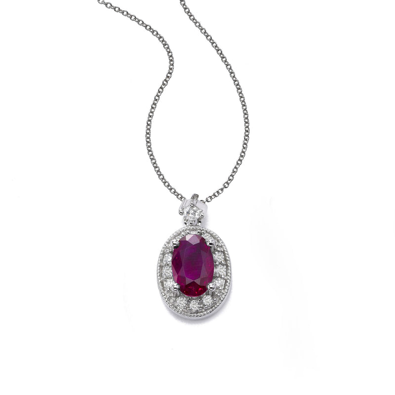 Oval Ruby and Diamond Halo Pendant, 14K White Gold
