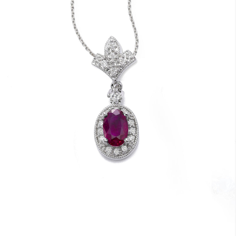 Oval Ruby and Diamond Drop Pendant, 14K White Gold