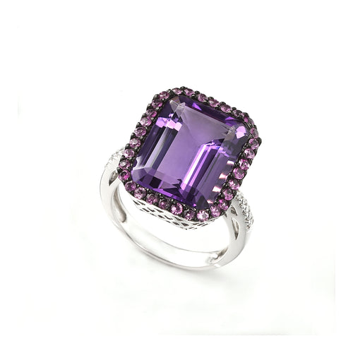 Large Amethyst, Diamond and Pink Sapphire Ring, 14K White Gold