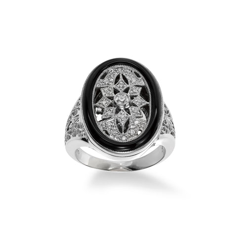 Deco Style Black Onyx and Diamond Ring Locket, Sterling Silver