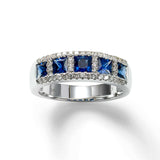 Five Square Sapphires with Diamond Surround Ring, 14K White Gold