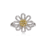 Yellow and White Pavé Diamond Flower Ring, 14 Karat Gold