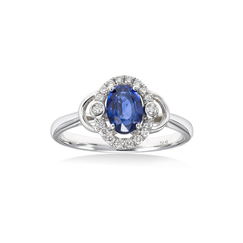 Oval Blue Sapphire and Diamond Halo Ring, 14K White Gold