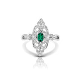 Vintage Style Emerald and Diamond Ring, 14K White Gold