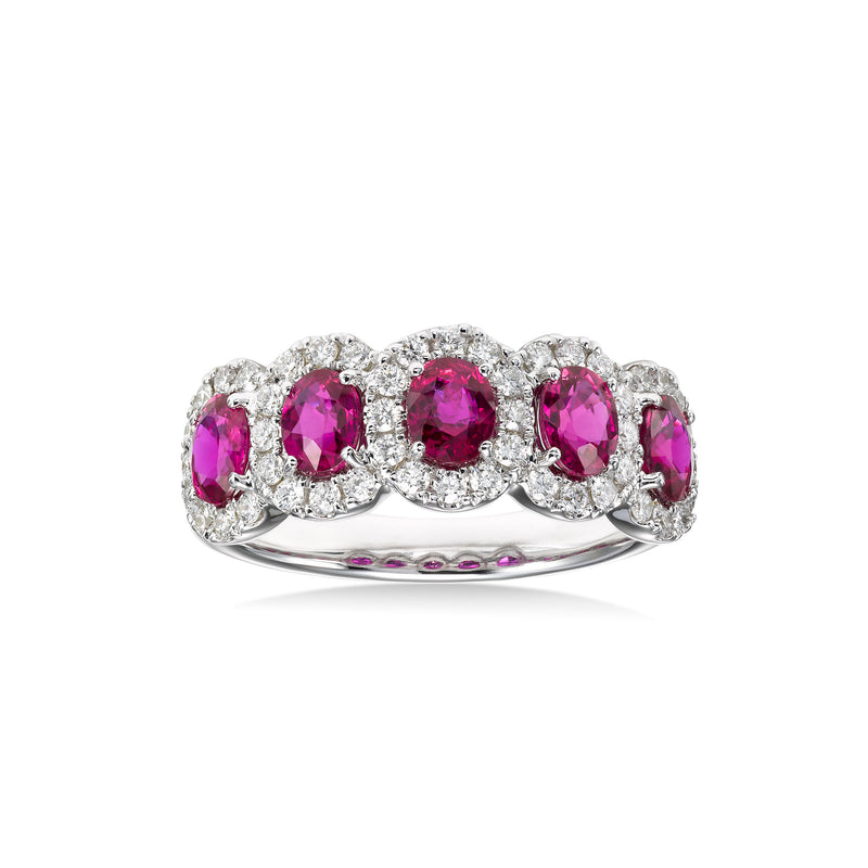 Five Stone Ruby and Diamond Halo Ring, 18K White Gold