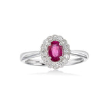 Vintage Design Ruby and Diamond Halo Ring, 14K White Gold