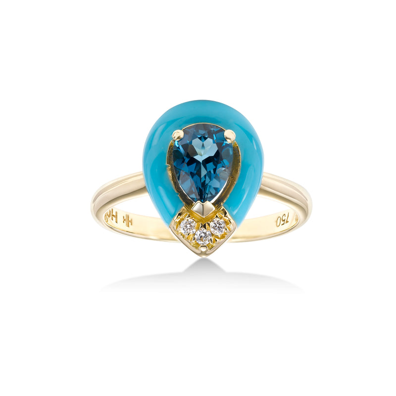 Pear Shape Blue Topaz and Blue Enamel Ring, 18K Yellow Gold