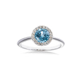 Round Blue Topaz and Diamond Halo Ring, 18K White Gold