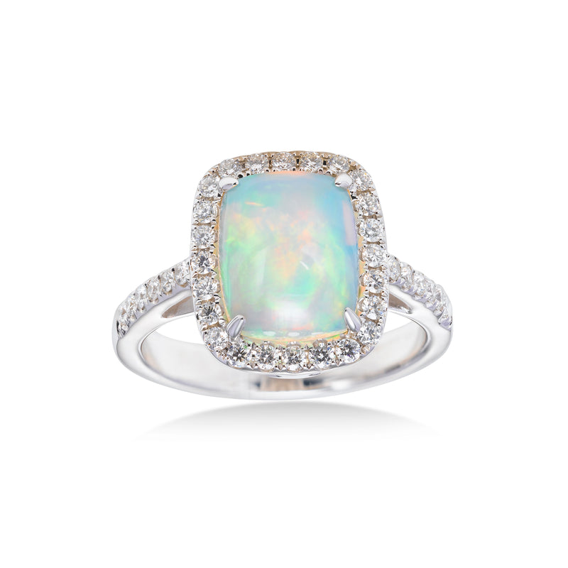 Cabochon Opal and Diamond Halo Ring, 14K White Gold