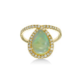 Pear Shape Opal with Diamond Halo Ring, 14K Yellow Gold