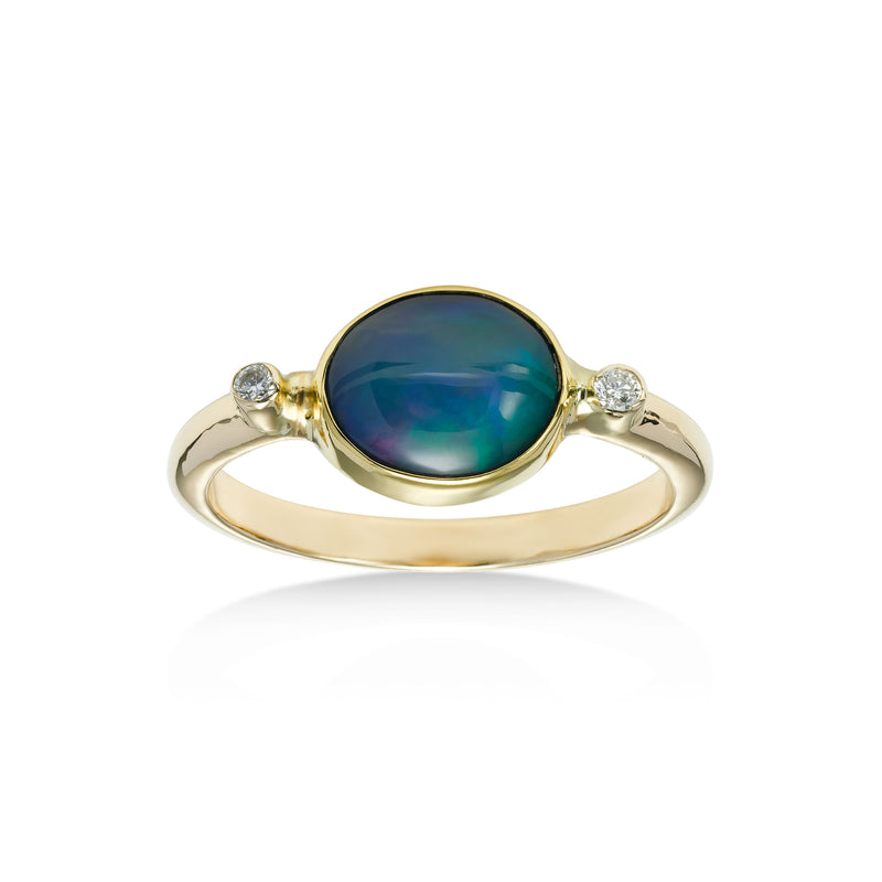Horizontal Set Ethiopian Opal Ring with Diamond Accents, 14K Yellow Gold
