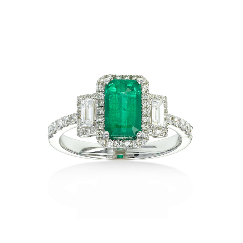 Deco Style Emerald and Diamond Ring, 18K White Gold