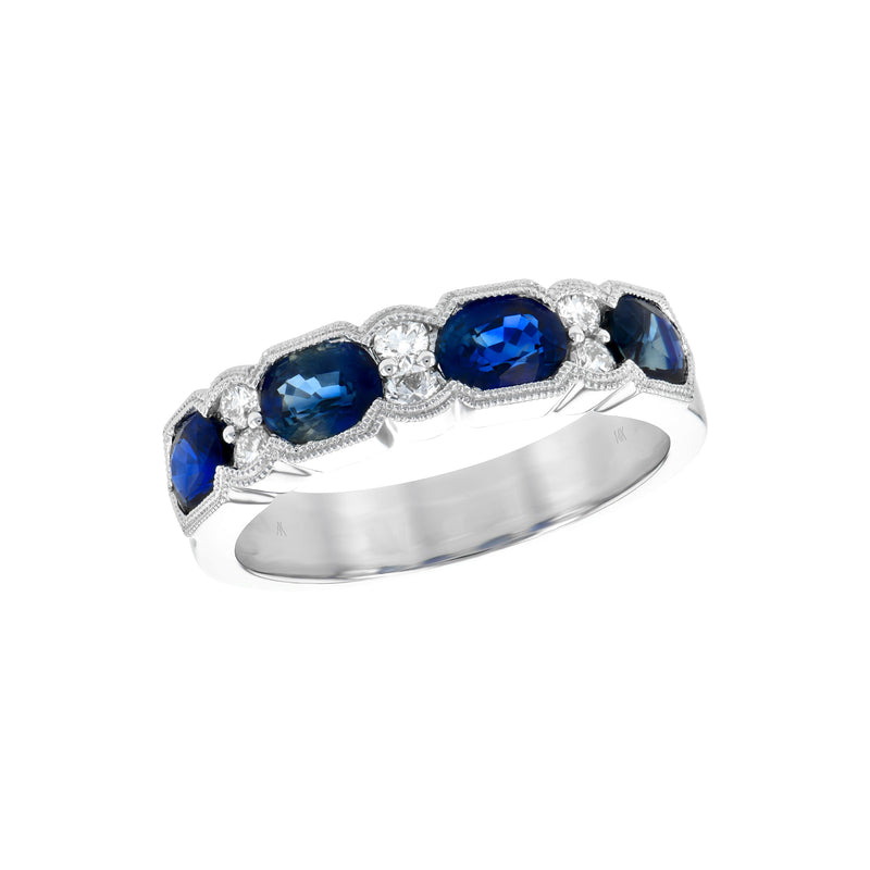 Vintage Style Blue Sapphire and Diamond Band, 14K White Gold