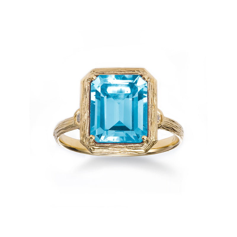 Blue Topaz Rectangular Ring with Diamond Accent, 14K Yellow Gold