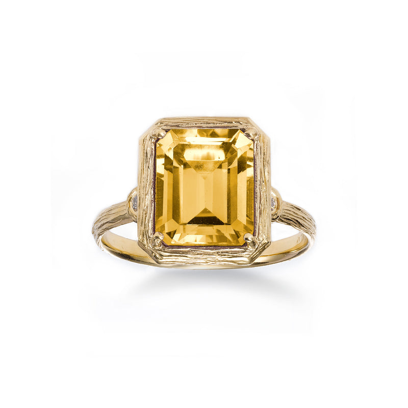 Octagonal Citrine Ring with Diamond Accent, 14K Yellow Gold