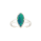 Marquise Shape Black Opal and Diamond Halo Ring, 14K White Gold