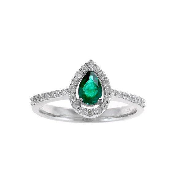 Pear Shape Emerald and Dimaond Halo Ring, 14K White Gold