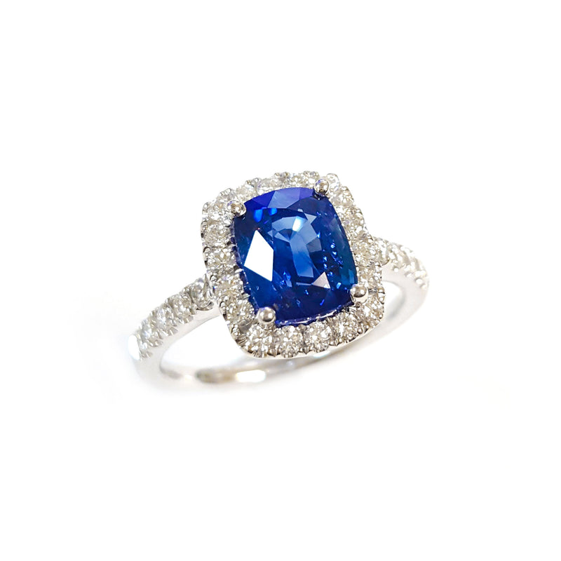 Rectangular Sapphire and Diamond Halo Ring, 14K White Gold
