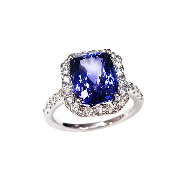 Faceted Tanzanite and Diamond Halo Ring, 14K White Gold
