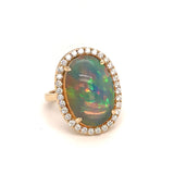 Large Oval Opal and Diamond Halo Ring, 14K Yellow Gold