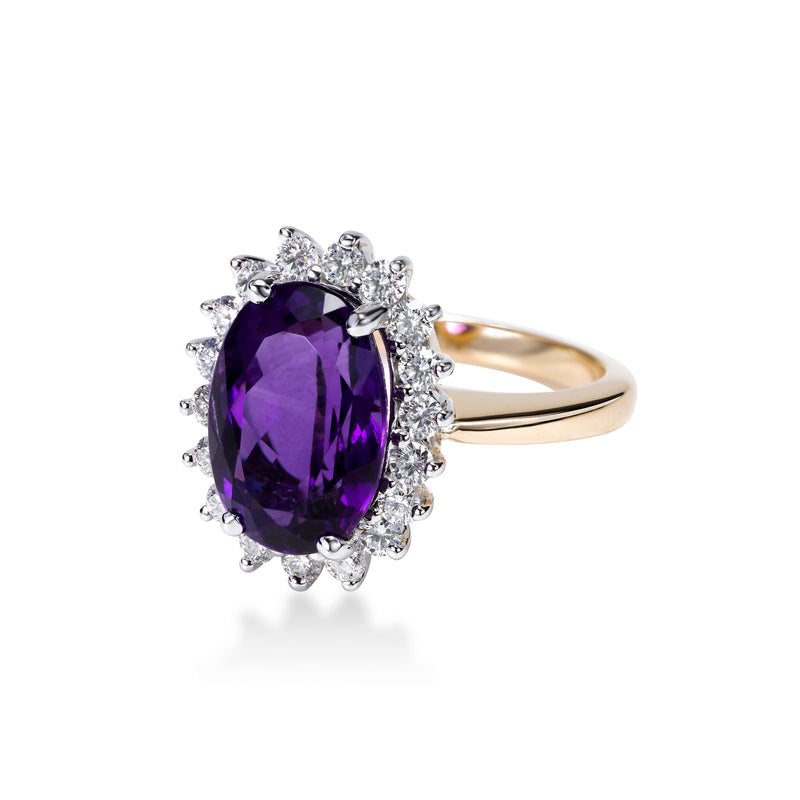 Oval Amethyst and Diamond Halo Ring, 14K Yellow Gold