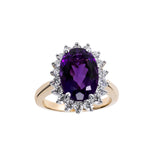 Oval Amethyst and Diamond Halo Ring, 14K Yellow Gold