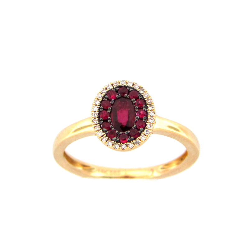 Ruby and Diamond Halo Ring, 14K Yellow Gold