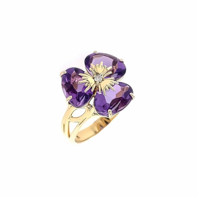 Large Amethyst Flower Pansy Ring, 18K Yellow Gold