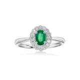Vintage Design Emerald and Diamond Halo Ring, 14K White Gold