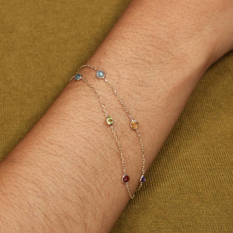 Two Strand Multi Color Gemstone Bracelet, 7 Inches, 14K Yellow Gold