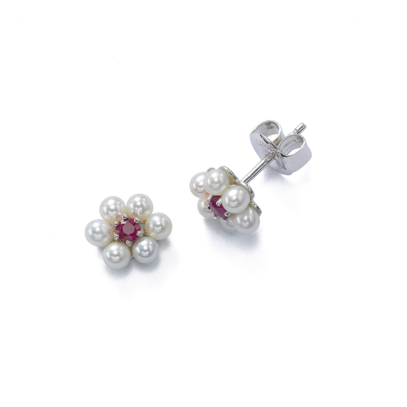 Petite Pearl With Ruby Flower Earrings, 14K White Gold